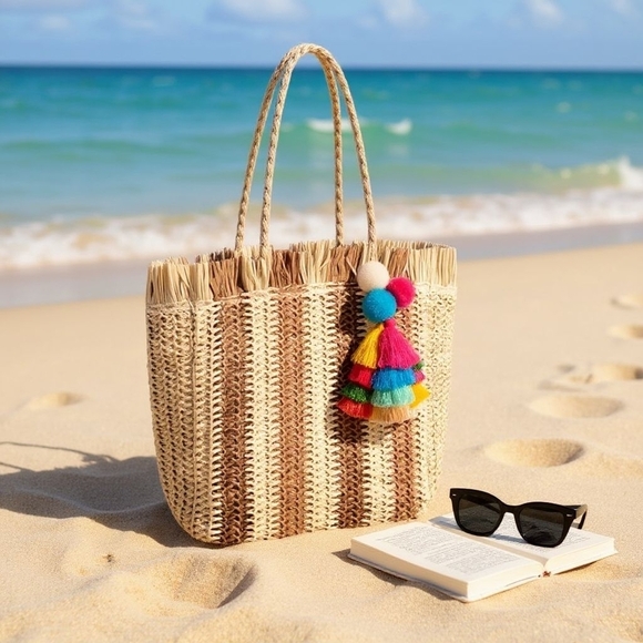 Boho Chic Straw Tote Bag Colorful Tassel Beach Bag Vacay Summer Fringe Woven - Picture 13 of 13